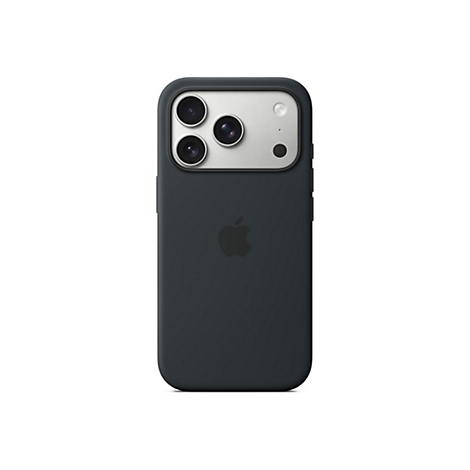 Dunkelgraues iPhone mit mehreren Kameralinsen, Apple Logo. Der Hintergrund ist weiß.