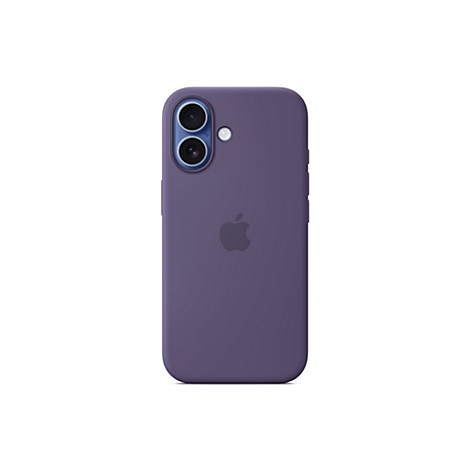 Violette Handyhülle, mit Kameraausschnitt und Apple-Logo, vor weißem Hintergrund.