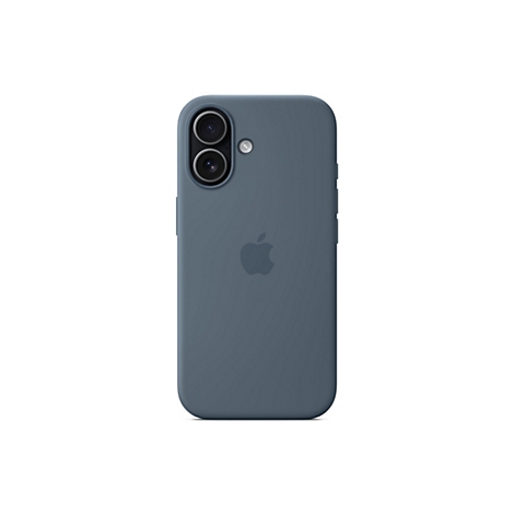 Blaugraue Apple-Silikonhülle für ein Smartphone mit vertikal angeordneter Doppelkamera auf weißem Hintergrund.