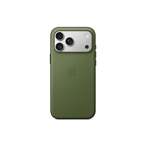 Rückseite eines olivgrünen Handys, das in einer Hülle steckt. Oben befinden sich drei Objektive und ein Blitz, darunter das Apple-Logo.