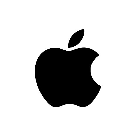 Schwarzes Apple Logo, ein stilisierter Apfel mit einem Biss an der rechten Seite und einem Blatt oben.