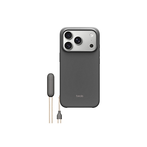 Ein graues Smartphone in einer Hülle, verbunden mit einem In-Ear-Kopfhörer, die Hülle hat den Schriftzug "beats".