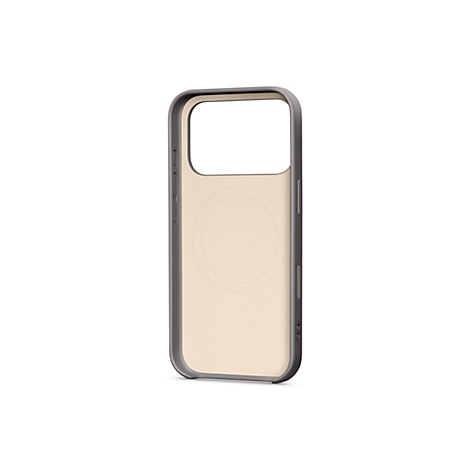 Hellbeige Handyhülle für ein Smartphone, mit dunklem Rahmen. Auf der Rückseite ist ein Kreis angedeutet.