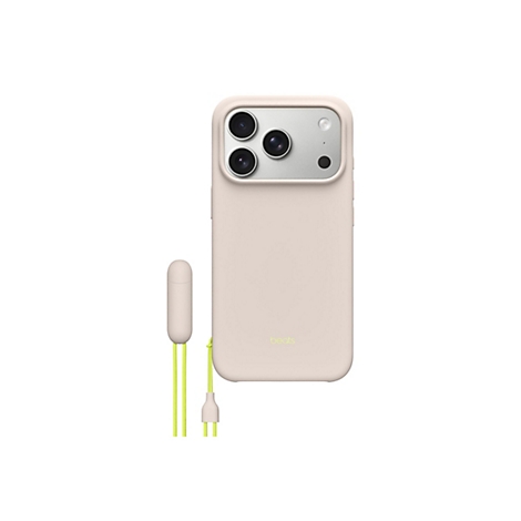 Beigefarbenes iPhone mit Hülle und dazugehörigem Ohrhörer. Gelbe Schnur und der Aufdruck "beats".