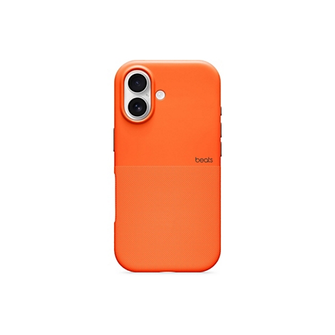 Orangene Handyhülle mit Beats-Logo und zwei verschiedenen Oberflächenstrukturen. Oben glatt, unten texturiert.