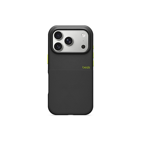 Schwarze Schutzhülle für ein Smartphone mit gelben Akzenten, drei Kameraobjektiven und dem Wort „beats“.