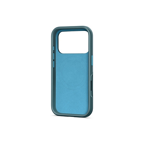 Hellblaues Smartphone-Case vor weißem Hintergrund. Das Case hat eine dunklere Umrandung. Seitlich befinden sich Knöpfe und eine angeraute Struktur.