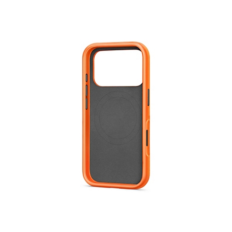 Oranger Handy-Schutzrahmen mit schwarzer Innenseite. Die Seiten haben Knöpfe und eine strukturierte Oberfläche. Die Form ist für ein Handy.