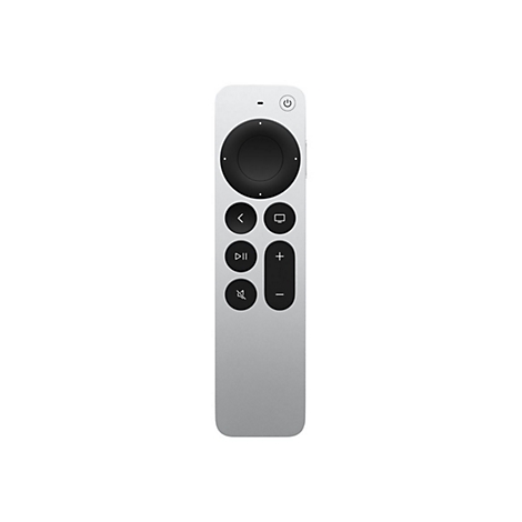 Silberne Apple TV Fernbedienung mit schwarzem Clickpad und Bedienknöpfen vor weißem Hintergrund.