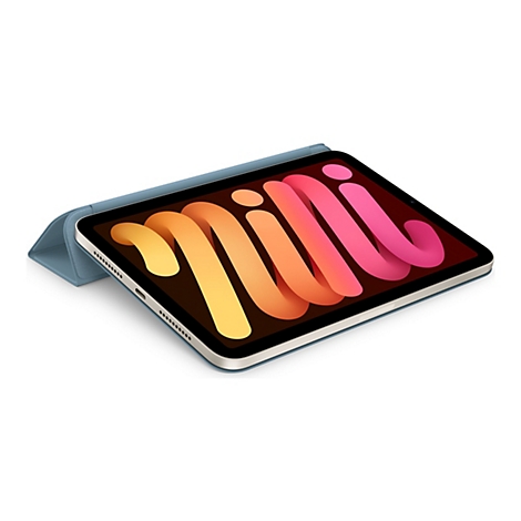 Ein iPad Mini mit blauem Cover, das teilweise geöffnet ist. Der Bildschirm zeigt ein farbenfrohes, geschwungenes Design.