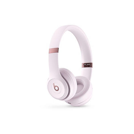 Casque audio rose clair avec des accents or rose, isolé sur fond blanc.