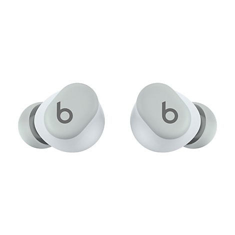 Deux écouteurs sans fil gris avec la lettre "b" sur la surface.