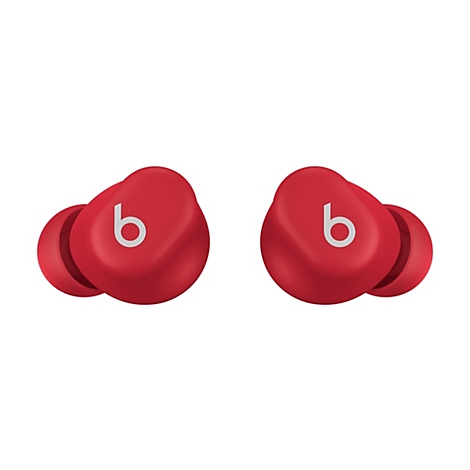 Deux écouteurs sans fil rouges avec le logo "b" blanc. Le fond est blanc.