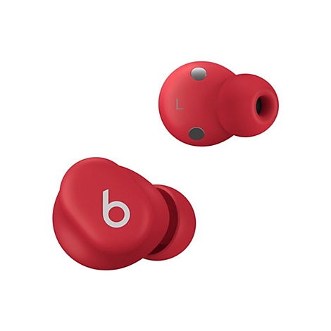 Deux écouteurs rouges sur fond blanc. L'un porte le logo "b", l'autre un "L".