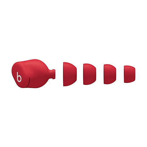 Écouteur rouge en morceaux. Le logo Beat ci-dessus. À côté, les embouts.
