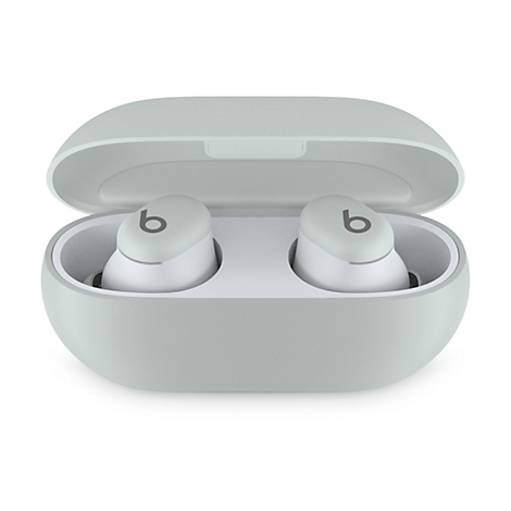 Hellgraue kabellose Ohrhörer mit Ladecase, Ohrhörer mit 'b' Logo.