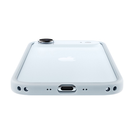 Hellblaues Smartphone von hinten, mit Kamera und Apple-Logo, auf weißem Hintergrund.