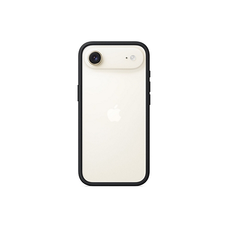 Rückseite eines cremefarbenen Smartphones mit schwarzem Rahmen. Oben links befinden sich eine Kamera und ein Blitz. Unten ein Apple-Logo.