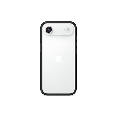 Rückseite eines weißen Smartphones mit schwarzem Rahmen. Oben links: Kamera. Unten: Apple-Logo.