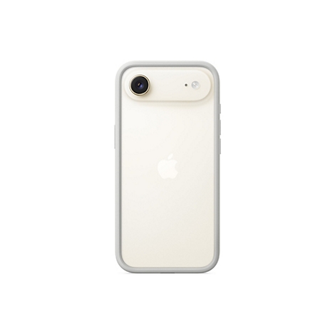 Rückseite eines cremefarbenen iPhones, zwei Kameras und Apple-Logo, grauer Rahmen.