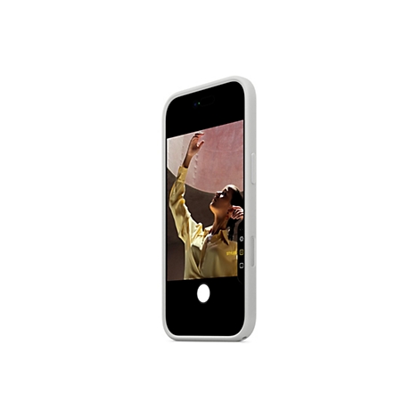 Ein Handy mit Foto einer Frau, die in gelber Kleidung ihre Hand in den Himmel streckt. Sonnenlicht erhellt die Szene.