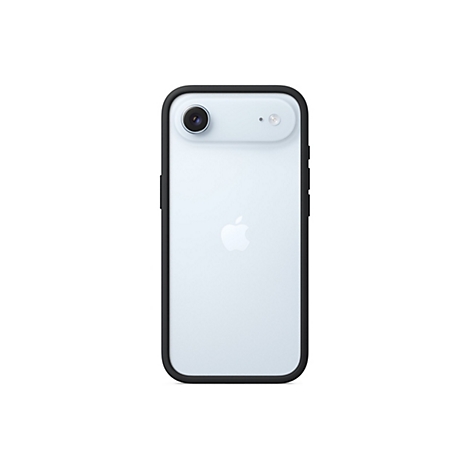 Hellblaues Smartphone von hinten, in einer schwarzen Hülle. Oben links befinden sich zwei Kameras und in der Mitte das Apple-Logo.