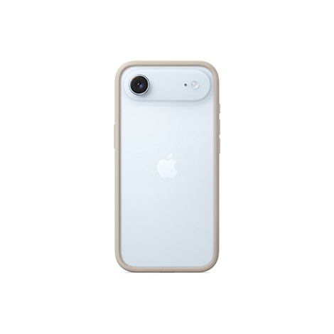 Hellblaues Smartphone von hinten, mit beigem Rahmen. Links oben befinden sich Kamera und Blitz. Unterhalb das Apple-Logo.