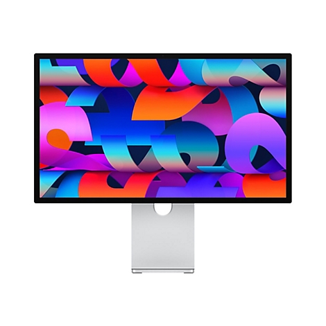 Ein moderner Monitor auf einem silbernen Standfuß mit einem farbenfrohen, abstrakten Hintergrundbild.