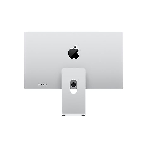 Rückseite eines silbernen Apple iMac mit markantem Logo vor neutralem Hintergrund.