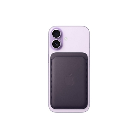 Helles lila iPhone mit befestigtem dunklen MagSafe Leder-Wallet auf der Rückseite.