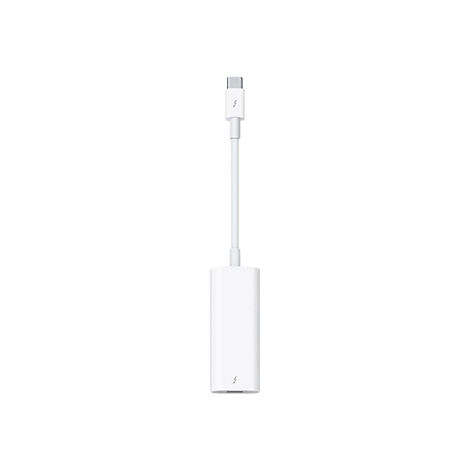 Ein weißer Thunderbolt-Adapter. Oben ein Stecker mit Thunderbolt-Symbol, unten ein längliches Gehäuse.