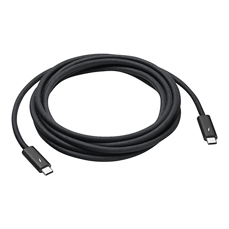 Schwarzes USB-C-Kabel in Schlaufenform mit Steckern an beiden Enden. Detailaufnahme vor weißem Hintergrund.