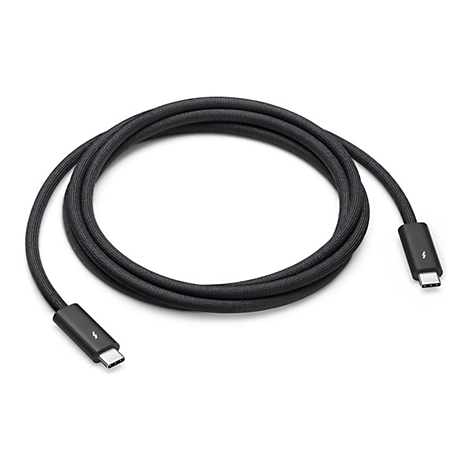 Ein schwarzes, geflochtenes USB-C-Kabel, das zu einem Kreis geformt ist, mit Steckern an beiden Enden.
