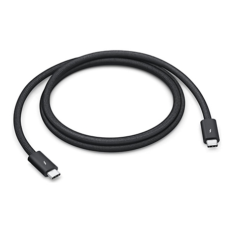 Schwarzes USB-C-Kabel, gewebt, mit Anschlüssen an beiden Enden. Das Kabel ist in einer Schlaufe angeordnet.