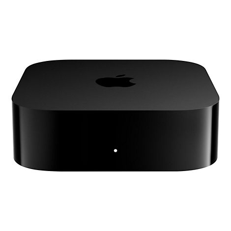 Schwarzer, quadratischer Apple TV mit abgerundeten Ecken und weißer Status-LED auf weißem Hintergrund.