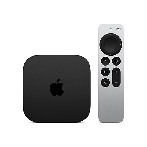 Schwarze Apple TV Box mit dazugehöriger silberner Siri Remote vor weißem Hintergrund.