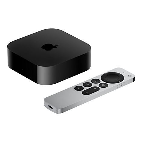 Schwarze Apple TV Box mit silbernere Siri Remote vor weißem Hintergrund.