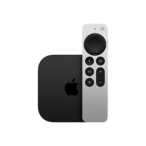 Schwarze Apple TV Box mit silberner Siri Remote Fernbedienung vor weißem Hintergrund.