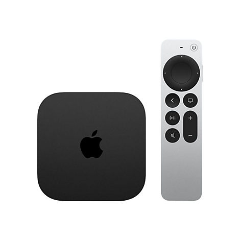 Apple TV avec télécommande. Boîtier noir avec logo Apple à côté d'une télécommande argentée.