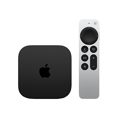 Apple TV Box und Fernbedienung, schwarz und silber, vor weißem Hintergrund.