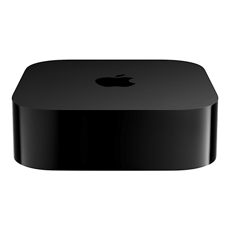 Schwarze Apple TV Box, oben mit Apple Logo.