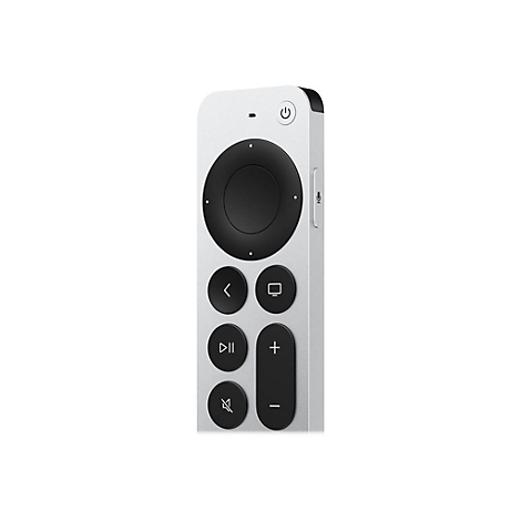 Graues Apple TV Remote. Oberhalb der Navigationstasten befindet sich ein Touchpad mit schwarzem Ring, darÃ¼ber ein Power-Button.