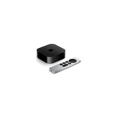 Schwarze Apple TV Box mit Fernbedienung auf weißem Hintergrund.