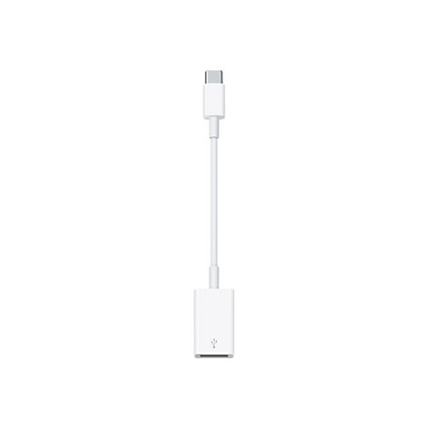 Weißes USB-C auf USB-Adapterkabel vor weißem Hintergrund. Oben USB-C-Anschluss, unten USB-Anschluss.