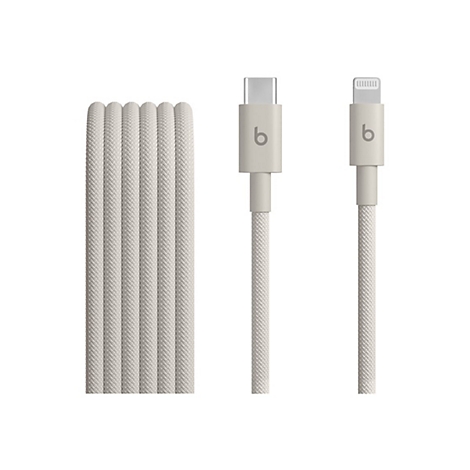 Câble de chargement beige avec connecteur USB-C et Lightning, câble tressé, fond blanc.
