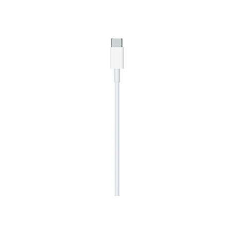 Weißes USB-C-Kabel; Stecker oben und Kabel unten, auf weißem Hintergrund.