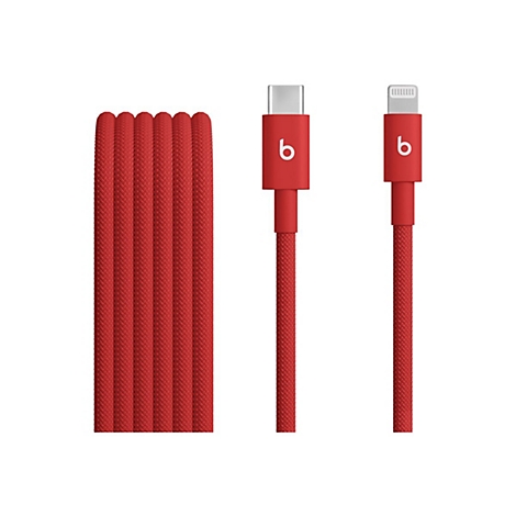 Câble de charge Beats rouge. Câble tressé à gauche, connecteurs à droite : USB-C et Lightning avec logo "b".