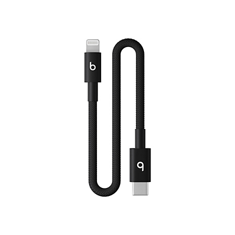 Câble de chargement noir avec connecteurs Lightning et USB-C, sur fond blanc.