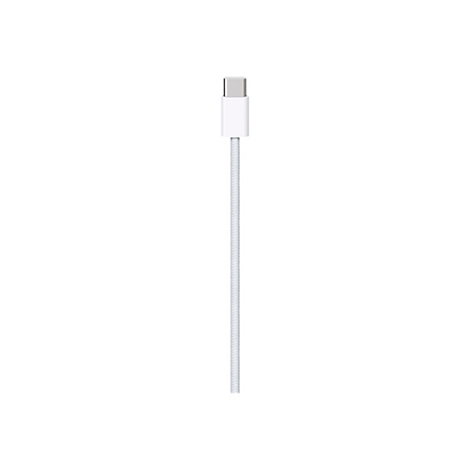 Ein weißes USB-C-Kabel mit gewebter Ummantelung vor weißem Hintergrund.