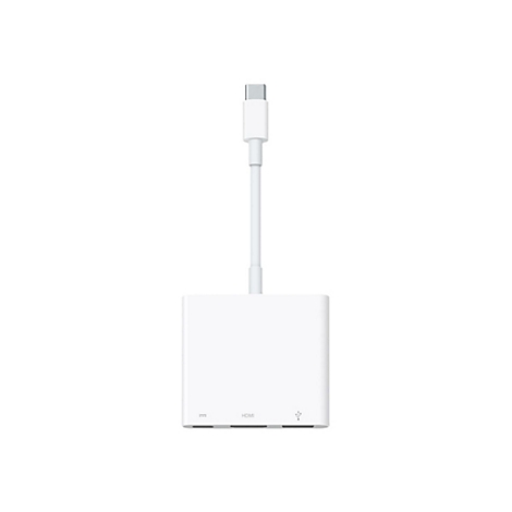 Weißer Adapter mit HDMI- und USB-C-Anschlüssen. An einem Ende ein USB-C-Stecker, der mit einem quadratischen Gehäuse verbunden ist.